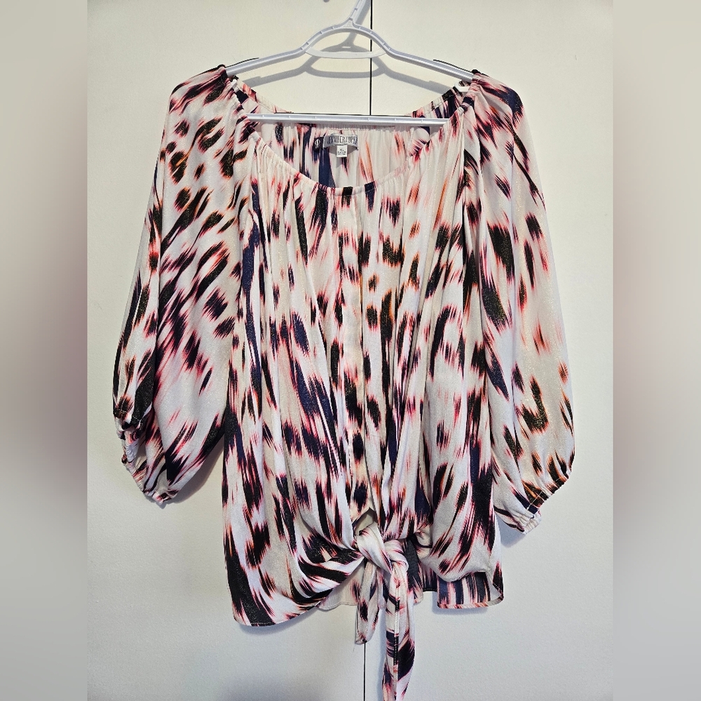 Jennifer Lopez Tie Front Blouse XL Boho Peasant Top Sheer Flowy Patterned - Picture 1 of 7